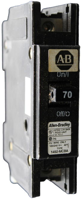 AB 
 on/l 
 70 
 Off/O 
 Allen-Bradley 
 LISTED CIR BKR 
 1 POLE UNIT 
 ISSUE NO. P2117 
 KE Disi. 
 CU WIRE ONLY 
 120/240 V~ 40℃ 
 TYPE 
 1492-MCBA