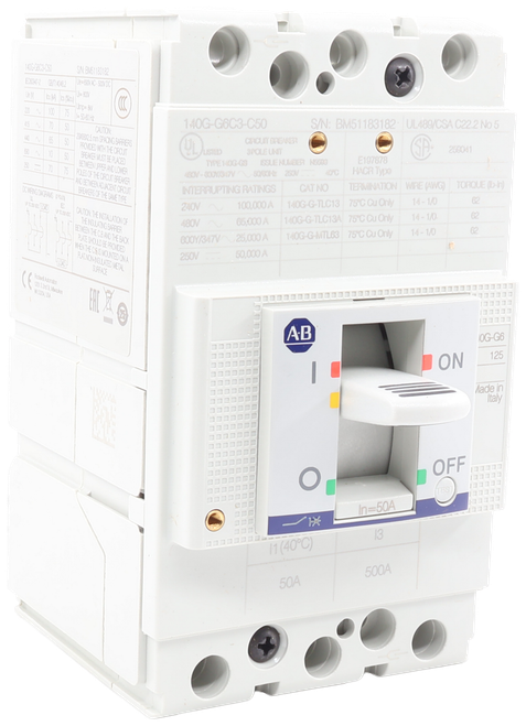 140G-GBC3-050 
 SAL: BM51183182 
 20 ~ 100 75 : 580 6 
 45 70 50 CAUTION 
 140G-G6C3-C50 
 S/N: BM51183182: UL489/CSA C22.2 No 5 
 29682.5 mm SPACING B 
 40 ~65 50 | POLS TUNGEAPPER 
 PROVIDED WITH THE DROIT 
 10 50 BREAKER MUST BE PLACED 
 JUSTED 
 CIRCUIT BREAKER 
 3POLE UNIT 
 25904 
 BETWEEN POCO INDIQUER 
 20 - 70 75 PORGIAMOLOWER 
 75 |POLES OF THE OPCUIT BOCUICH 
 TYPE 1OG-GB ISSUE NUMBER NOG90 
 E197878 
 HACR Type 
 RIO BETWEEN ADJACENT ORO 
 BREAKERS OF THE SAUS TYPE 
 INTERRUPTING RATINGS 
 CAT NO 
 TERMINATION |WIRE (AWG) |TORQUE (D-In) 
 240V 
 100,000 A 
 140G-G-TLC13 |75°C Cu Only 
 14 - 1/0 
 82 
 480V ~ 
 65,000 A 
 140G-G-TLC13A 75℃ Cu Only 
 14 - 1/0 
 62 
 800Y/347V~25,000 A 
 140G-G-MTL63 75℃ Cu Only 
 14- 1/0 
 62 
 250 
 50,000 
 A.B 
 OG-G6 
 ON 
 125 
 Made in 
 Italy 
 OFF 
 In=50A 
 13 
 11(40°℃) 
 500A 
 50A