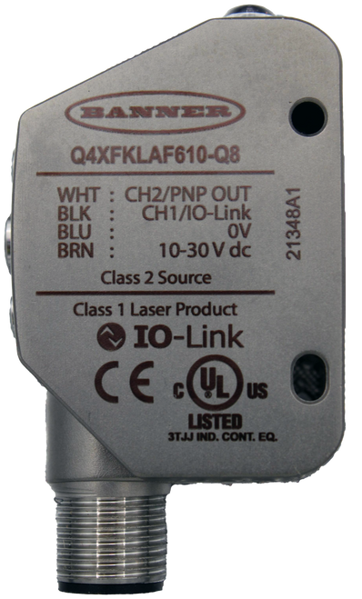 BANNER 
 Q4XFKLAF610-Q8 
 WHT : CH2/PNP OUT 
 BLK 
 CH1/10-Link 
 BLU 
 OV 
 BRN 
 10-30 V dc 
 21348A1 
 Class 2 Source 
 Class 1 Laser Product 
 IO-Link 
 CE 
 C 
 UL 
 US 
 LISTED 
 3TJJ IND. CONT. EQ.