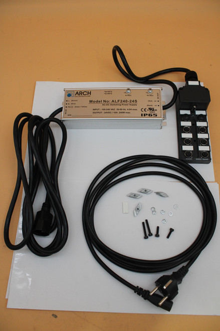 0) 30 
 ARCH 
 *ta=50 ℃ 
 =94℃ 
 *tc=94 
 ELECTRONICS CORP 
 lo ADJ 
 Vo ADJ. 
 COUT 
 . 
 L (Brown) 
 Model No: ALF240-24S 
 ) +V 
 . D 
 · N (Blue) 
 AC-DC Switching Power Supply 
 · A 
 FG 3 (Green / Yellow) 
 (Black) -V · 
 AC IN 
 INPUT : 100-240 VAC 50-60 Hz 4.0A max. 
 CECASUS 
 OUTPUT : 24VDC / 10A 240W max. 
 S/N: 
 IP65 
 8018198 
 ESCHA / TURCK 
 O