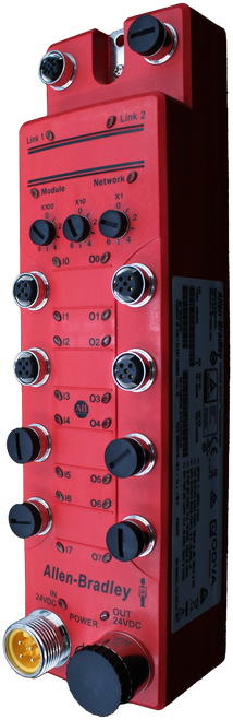 0 Link 2 
 Link 1@ 
 Module 
 Network 
 X100 
 X10 
 X1 
 0 
 0 
 0 
 2 
 2 
 6 1 
 CO 
 6 1 4 
 010 000 
 1732ES-188XO88 
 Allen-Bradley ArmorBlock Guard I/O"" Input/Output Mod 
 PRODUCT OF USA / PLANT 2003621 / FRe. 10 DATE 2022/01/15-20 C < Ta < +55 C 
 Automation. 
 911 010 
 912 02@ 
 BER 
 PN - 254930 
 030 
 AB 
 10001811242/09 
 314 
 040 
 CE 
 SAFE OUTPUTS (EACH POINT): 19.2-28.8VD.HA 
 INPUTS: 11-38VDC. 3.5mA 
 INPUT 
 TEST OUTPUTS (EACH POINT): 700ml 
 915 
 050 
 11-38VD 
 016 
 IP65/IP67 
 - 
 017 
 07 
 SEE MANUAL FOR INSTALL 
 Allen-Bradley 
 IN 
 24VDC 3 
 POWER 
 OUT 
 24VDC