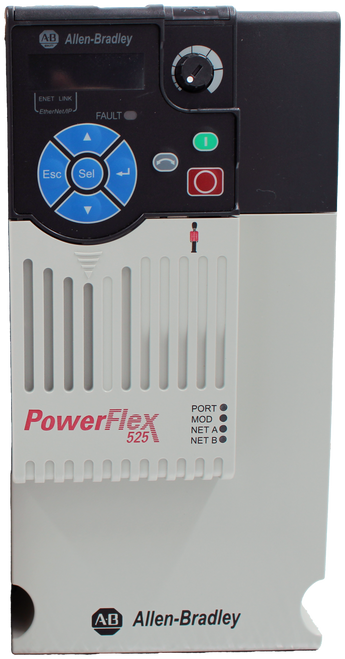 A.B 
 Allen-Bradley 
 QUALITY 
 ENET LINK 
 EtherNet/IP 
 FAULT 
 Esc 
 Sel 
 O 
 T 
 PowerFlex 
 PORT 
 MOD 
 525 
 NET AC 
 NET BO 
 A.B 
 Allen-Bradley