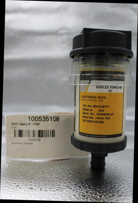 your global specialist 
 LUBRICATION 
 ISOFLEX TOPAS NB 
 52 
 3/4 
 CARTRIDGE NOVA 
 125 cc / 4.23 fl.oz. (US) 
 Art. No. 0041310177 
 Made In 
 USA 
 1/2 
 Ident. No. KK20030742 
 Best Use Before: N/A 
 100535108 
 NO-2035-US-000 
 SRS Legacy # / CRef: 
 117 
 More information: www.klueber.com 
 1006365108 
 Automatic Greaser