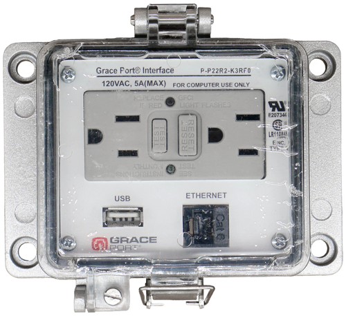Grace Port® Interface 
 P-P22R2-K3RF0 
 120VAC, 5A(MAX) FOR COMPUTER USE ONLY 
 GFCI 
 LIGHT FLASHES " 
 =207344 
 R1108 
 FENC. 
 -SE. 
 ATHING"3 57 
 TEST 
 RUCTIONS- 
 USB 
 ETHERNET 
 GRACE 
 PORTO