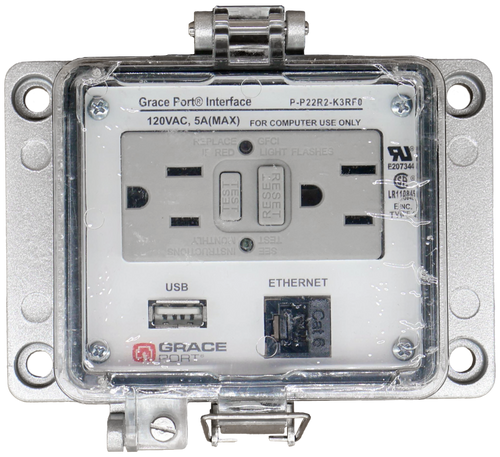 Grace Port® Interface 
 P-P22R2-K3RF0 
 120VAC, 5A(MAX) FOR COMPUTER USE ONLY 
 GFCI 
 LIGHT FLASHES " 
 =207344 
 R1108 
 FENC. 
 -SE. 
 ATHING"3 57 
 TEST 
 RUCTIONS- 
 USB 
 ETHERNET 
 GRACE 
 PORTO
