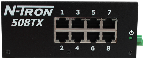 N-TRON 
 1 
 3 5 
 7 
 508TX 
 2 4 6 8 
 MODEL NO. 508TX 
 ___ GLEICHSTROMEINGANG 
 VOLTS 10 - 30V AMPS 1.0 A 
 Conductors 
 suitable for use 
 in 110℃ 
 8 37654 65232 
 19 
 mperature 
 must be used. 
 BETRIEBSTEMPERATUR Listed E.D.P. Equipment for Use in Hazardous Locations, Class I, Div. 2, Groups A, B, C, D 
 OPERATING TEMPERATURE -40º ≤ Ambient/Umgebung ≤ 85℃ 
 T4 
 This device complies with Part 15 of the FCC Rules. Operation is subject to 
 the following two conditions: (1) this device may not cause harmful 
 interference, and (2) this device must accept any interference received, 
 FC CE CULUS 
 including interference that may cause undesired operation. 
 11 3 G Ex NA IIC 
 LISTED 
 ABR 
 DEMKO 03 ATEX 
 ex 
 0316686U 
 55SI 
 Rev. A6 
 PIRUVELI PO 
 20 
 RoHS |03/19/2019 
 MADE IN THE USA: Red Lion Controls, 20 Willow Springs Circle, York, Pennsylvania, USA 17406 
 Factory ID: 55 
 100634686 
 SRS Legacy # / CRef: 
 508TX 
 100634686 
 NETWORK SWITCH - N-TRON, 8 PORT ETHERNE