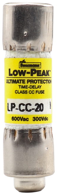 Bussmann 
 LOW-PEAK® 
 ULTIMATE PROTECTION 
 TIME-DELAY 
 CLASS CC FUSE 
 AMP 
 LP-CC-20 
 600Vac 300Vdc