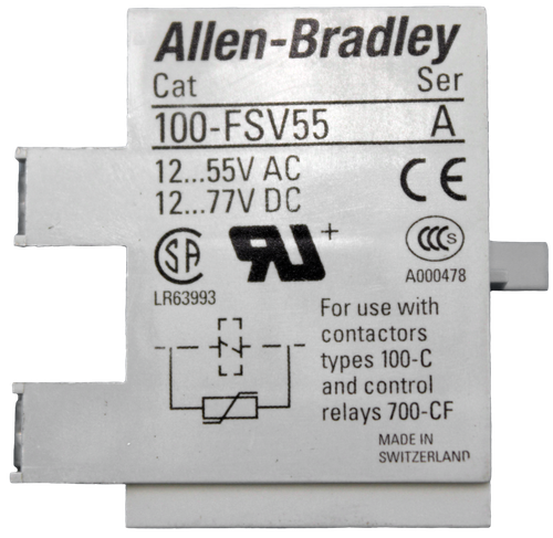 Allen-Bradley 
 Cat 
 Ser 
 100-FSV55 
 A 
 12 ... 55V AC 
 12 ... 77V DC 
 CE 
 SP 
 S 
 LR63993 
 A000478 
 For use with 
 contactors 
 -- 
 - 
 LJ 
 types 100-C 
 and control 
 relays 700-CF 
 MADE IN 
 SWITZERLAND