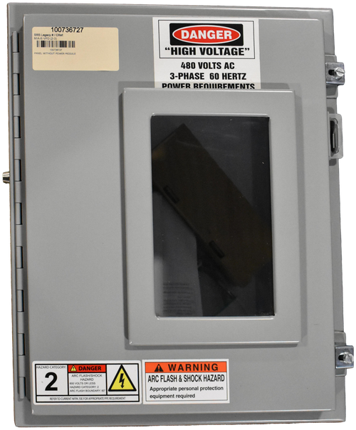 100736727 
 SRS Legacy # / CRef: 
 DANGER 
 VED (2-3) 
 100736727 
 "HIGH VOLTAGE" 
 PANEL WITHOUT POWER MOD 
 480 VOLTS AC 
 3-PHASE 60 HERTZ 
 POWER RENIIIRFMENTS 
 HAZARD CATEGORY: 
 2 
 DANGER 
 A WARNING 
 ARC FLASH/SHOCK 
 ARC FLASH & SHOCK HAZARD 
 HAZARD 
 4 
 600 VED CATEGORY: 2 
 GORY: 2 
 Appropriate personal protection 
 ARC FLASH BOUNDARY: 60" 
 equipment required 
 REFER TO CURRENT NFPA 70E FOR APPROPRIATE PPE REQUIREMENT