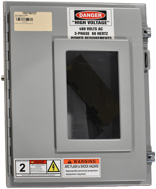 100736727 
 SRS Legacy # / CRef: 
 DANGER 
 VED (2-3) 
 100736727 
 "HIGH VOLTAGE" 
 PANEL WITHOUT POWER MOD 
 480 VOLTS AC 
 3-PHASE 60 HERTZ 
 POWER RENIIIRFMENTS 
 HAZARD CATEGORY: 
 2 
 DANGER 
 A WARNING 
 ARC FLASH/SHOCK 
 ARC FLASH & SHOCK HAZARD 
 HAZARD 
 4 
 600 VED CATEGORY: 2 
 GORY: 2 
 Appropriate personal protection 
 ARC FLASH BOUNDARY: 60" 
 equipment required 
 REFER TO CURRENT NFPA 70E FOR APPROPRIATE PPE REQUIREMENT