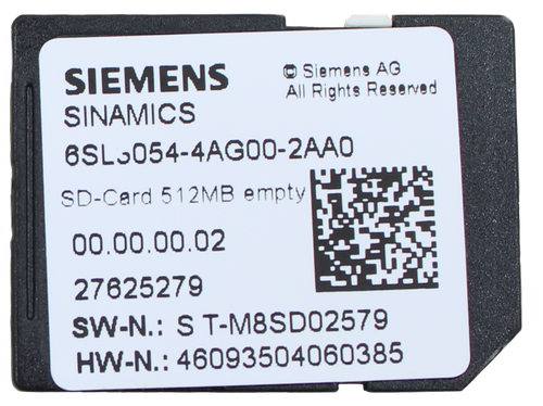 100736687 
 SRS Legacy # / CRef: 
 6SL30544AG002AA0 
 SIEMENS 
 Siemens AG 
 SINAMICS 
 All Rights Reserved 
 6SL5054-4AG00-2AA0 
 SD-Card 512MB empty 
 00.00.00.02 
 100736687 
 27625279 
 SW-N .: S T-M8SD02579 
 SINAMICS MICRO MEMORY CARD 
 HW-N .: 46093504060385
