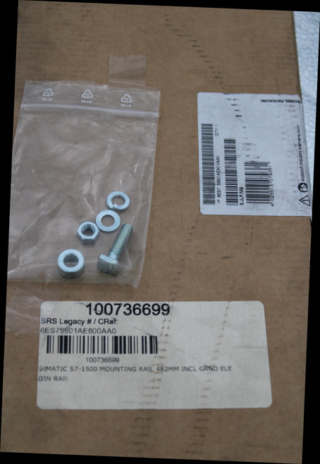 PE-LD 
 PE-LD 
 PE-LD 
 ORIGINAL PACKAGING 
 QTY: 1 
 0) 
 O 
 support.industry.siemens.com 
 P 6ES7 590-1AE80-0AA0 
 025515 079361 
 S JLP/M9 
 100736699 
 SRS Legacy # / CRef: 
 6ES75901AE800AA0 
 100736699 
 SIMATIC S7-1500 MOUNTING RAIL 482MM INCL GRND ELE 
 DIN RAIL
