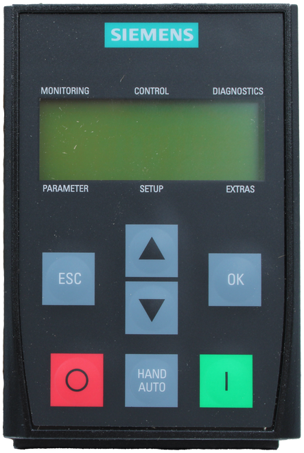 SIEMENS 
 MONITORING 
 CONTROL 
 DIAGNOSTICS 
 100736688 
 SRS Legacy # / CRef: 
 PARAMETER 
 SETUP 
 EXTRAS 
 6SL32550AA004CA1 
 100736688 
 BASIC OPERATOR PANEL BOP-2 
 ESC 
 OK 
 O 
 HAND 
 AUTO