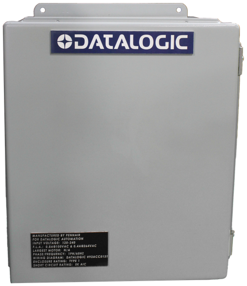 DATALOGIC 
 MANUFACT 
 ANUFACTURED BY PENNAIR 
 FOR DATALOGIC AUTOMATI 
 INPUT VOLTAGE: 120-240 
 F.L.A .: 0.8A@100VAC & 0.4A@264VAC 
 F.L. A .: 0.8A@100VAC & 0. 
 LARGEST MOTOR: NIA 
 PHASE/FREQUENCY: 1PH/60HZ 
 PHASEIFREQUENCY NA 
 WIRING DIAGRAM: DATALOGIC #93ACC0131 
 WIRING DIAGRAM: DATALOST 
 ENCLOSURE RATING: TYPE 1 
 ENCLOSURE KATINS. ATTE 
 SHORT CIRCUIT RATING: 5K AIC