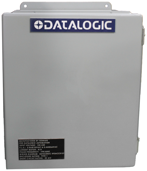 DATALOGIC 
 MANUFACT 
 ANUFACTURED BY PENNAIR 
 FOR DATALOGIC AUTOMATI 
 INPUT VOLTAGE: 120-240 
 F.L.A .: 0.8A@100VAC & 0.4A@264VAC 
 F.L. A .: 0.8A@100VAC & 0. 
 LARGEST MOTOR: NIA 
 PHASE/FREQUENCY: 1PH/60HZ 
 PHASEIFREQUENCY NA 
 WIRING DIAGRAM: DATALOGIC #93ACC0131 
 WIRING DIAGRAM: DATALOST 
 ENCLOSURE RATING: TYPE 1 
 ENCLOSURE KATINS. ATTE 
 SHORT CIRCUIT RATING: 5K AIC