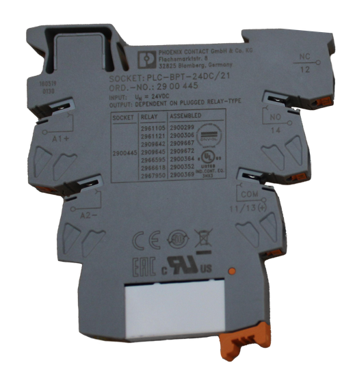 PHOENIX CONTACT GmbH & Co. KG 
 NO 
 Flachsmarktstr. 8 
 32825 Blomberg, Germany 
 12 
 SOCKET: PLC-BPT-24DC/21 
 180519 
 ORD. - NO .: 29 00 445 
 PART: 3195438 
 0130 
 T: UN = 24VDC 
 OUTPUT: DEPENDENT ON PLUGGED RELAY-TYPE 
 SOCKET 
 RELAY 
 ASSEMBLED 
 NO 
 - 
 2961105 2900299 
 APPROVED PROG 
 LO 
 A1+ 
 2961121 |290030 
 1642 2909667 
 2900445| 
 645 2909672 
 2909645 29 
 2966595 2900364 
 29665 
 2966618 
 USTED 
 18 2900352 ONT 
 IND. CONT. 
 2967950| 
 2900369 
 3HX3 
 COM 
 100737078 
 SRS Legacy # / CRef: 
 A2- 
 1/13 (+) 
 CEOX 
 3195438 
 ERIC c TAM Us 
 100737078 
 COUPLING RELAY, PLC-RPT- 24DC/21
