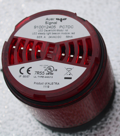 100737063 
 Auer 
 Signal 
 SRS Legacy # / CRef: 
 910012405 PC7DC 
 3029348 > 
 LED Dauerlicht-Modul rot 
 LED steady light beacon module red 
 SER. A 24VAC/DC 
 58mA 
 100737063 
 INDICATOR LIGHT 
 CE 
 IND. CONT 
 ULUS 
 7R55 LISTED 
 IP 66/67 
 UL TYPE 4/4X/13 
 Product of AUSTRIA 
 1119