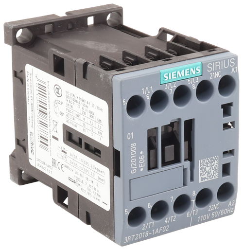 SiemensA 
 SIRIUS 
 Made in Germany 
 101 1209 
 http://support.industry.siemens.com 
 SIEMENS 
 A1 
 21NC 
 5/L3 
 3/L2 
 8 
 6 
 5. 
 230 400 690 
 · AC-3 (A) 16 16 8,9 
 210 - 
 RT2018-1AF02 
 JEM AC3.1.0-1 
 2x 0,5.1.5 0,75.2,5 [mm] 
 ERT ( CAWG2x |20-16 18-14 |12 
 2x 0,5.1,5 0,75.2,5 4 [mm2] 
 TORQUE: 7 ... 10:3 lb in 
 0,8 .. 1,2 Nm 
 8 
 7. 
 6 
 5 
 22NC A2 
 6/T3 
 4/T2 
 110V 50/60Hz 
 2/T1 
 3RT2018-1AF02 
 1/L1 
 le AC-1: 25 
 B/T14048.4 / 50Hz 
 EC /EN /K 60947-4-1 50 /60Hz 
 TAG: 22 A Ui: 690 
 PAC-3 (KW) 4 7,5 7,5 
 AC-15 (A) 
 G/201008 S 
 *903* 
 4PZ2 /85.6 mm 
 JemensAG.DE-92220 Amberg PRO