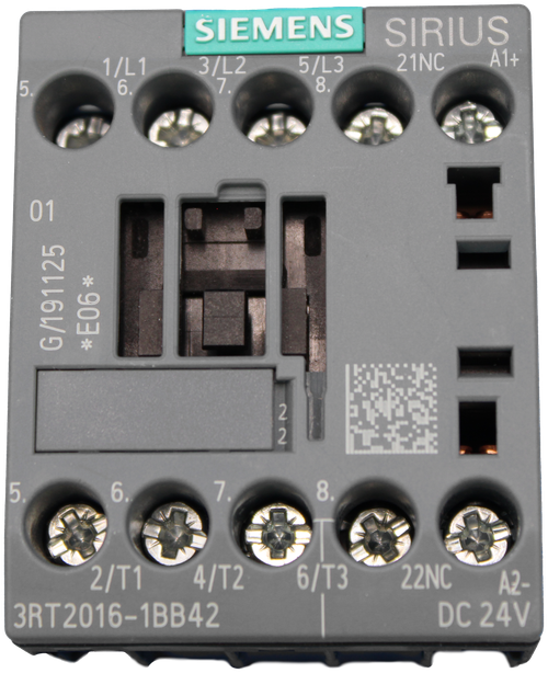SIEMENS 
 SIRIUS 
 1/L1 
 3/L2 
 5/L3 
 21NC 
 A1+ 
 5. 
 6. 
 7. 
 8 
 01 
 * 903* 
 G/191125 
 2 
 5. 
 6. 
 7. 
 8. 
 2/T1 
 4/T2 
 6/T3 
 22NC 
 A2- 
 3RT2016-1BB42 
 DC 24V