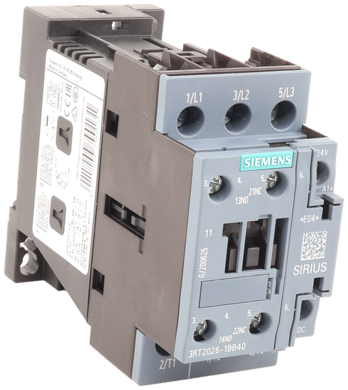 Siemens AG, DE 82220 Amberg 
 $11 
 5/L3 
 1/L1 
 http://support.industry.siemens.com 
 24V 
 SIEMENS 
 6. 
 5 
 3 
 A1+ 
 21NC 
 13NO 
 *E04* 
 A 069 -10 
 11 
 JEM AC3.1.0-0 
 G/200625 
 SIRIUS 
 6. 
 4. 
 3. 
 DC 
 14NO 
 3RT2026-1BB40 
 2/T1 
 Made in Germany 
 CE FAL 
 3/L2 
 4. 
 5. 
 22NC