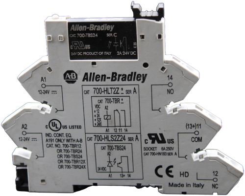 Allen-Bradley 
 CAT. 700-TBS24 
 SER.C 
 K 35 
 24V DC PRODUCT OF ITALY 2A 24V DC 
 Allen-Bradley 
 A1 
 14 
 0 
 -O 
 12-24V == 
 CAT 700-HLT2Z _ SER A 
 NO 
 CAT 700-TBR * 
 VDC A2 
 * 12 
 * 24 
 + 12X 
 A2 
 CUL 
 US LISTED 
 + 24X 
 (13+)11 
 O 
 A1 12 11 14 
 12-24V =.. 
 IND. CONT. EQ. 
 A191 ONLY WITH A-B 
 CAT 700-HLS2724 SER A 
 US 
 COM 
 CAT. NO. 700-TBR12 
 OR 700-TBR24 
 CAT 700-TBS24 
 SOCKET 6A 250V 
 OR 700-TBS24 
 A2 
 CAT 700-HN183 SER A 
 OR 700-TBR12X 
 OR 700-TBR24X 
 24 VDC 
 CE 
 A1 
 13+ 14 
 HD 
 12 
 Made in Italy 
 NC