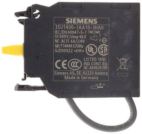 SIEMENS 
 3SU1400-1AA10-3HA0 
 IEC/EN 60947-5-1 1NC1MC 
 Vi 500V; Uimp 6kV 
 NC: AC15 6A/230V 
 GB/T14048.5/50Hz 
 G/200922 *E05# 
 UL SP 
 C 
 LISTED 165C 
 IND.CONT.EQ 
 NC:A600/R300 
 Siemens AG, DE-92220 Amberg 
 Made in Germany