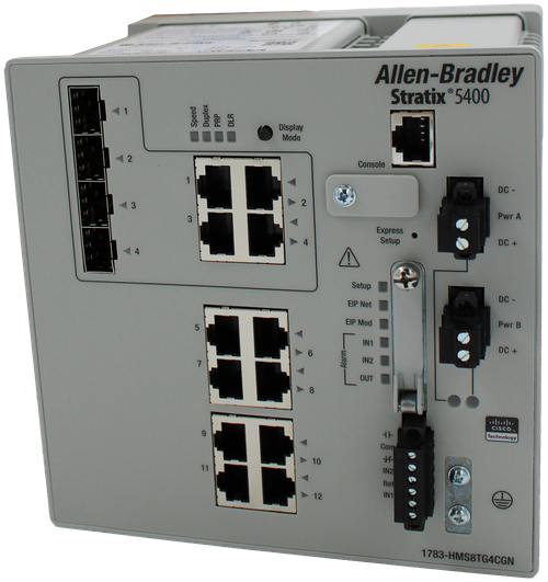 SRS Lagacy # / CRaf 
 100747016 
 1783-HMSATGICON 
 -- 
 NETWORK SWITCH . STRATI 5400, 8 COPPE 
 Allen-Bradley 
 COMBO SFPIGE PORTS. LAYER 2 FW 
 Stratix®5400 
 4 1 
 Displa 
 PRP 
 DLR 
 Duplex 
 Speed 
 Mode 
 4 2 
 Console 
 DC 
 - 
 13 
 Pwr A 
 N 
 Expres 
 Setup 
 DC + 
 A 
 Setup 
 DC 
 EIP Net 
 EIP Mod 
 Pwr E 
 IN1 
 DC + 
 A 
 Allen-Bradley 
 IN2 
 larm- 
 OUT 
 -- 
 CISCO .. 
 Technology 
 Com 
 10 
 11 
 IN2 
 Ref 
 A 
 12 
 IN1 
 1783-HMS8TG4CGN