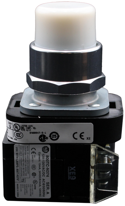 XES 
 CE X= 
 25 
 A.B 
 800TC-N374 SER. A 
 12V-130VAC/DC AC@50/60Hz 
 Current: 13mA, 24VDC/8.5mA, 120VAC 
 SHO 
 CE 50947-5-1 CCC Fe UL LISTED 
 IND CONT. EQ 
 FOR USE IN HA 
 LOCATION CONTACT BLOCKS, THE 
 ATSE PLASS 1 
 EN60947-5-1 
 WHOLE ASSEMBLY WILL BE RATED 
 FOR USE IN ORDINARY LOCATIONS. T5 
 GROUPS A.B 
 IND. CONT. EO. 
 USE WITH LAMPS: 800T-N376" | MADE IN CHINA 
 U HISTECONT. EQ. 
 SER 
 53264,