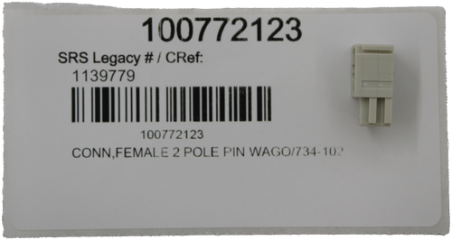100772123 
 SRS Legacy # / CRef: 
 1139779 
 100772123 
 CONN, FEMALE 2 POLE PIN WAGO/734-102