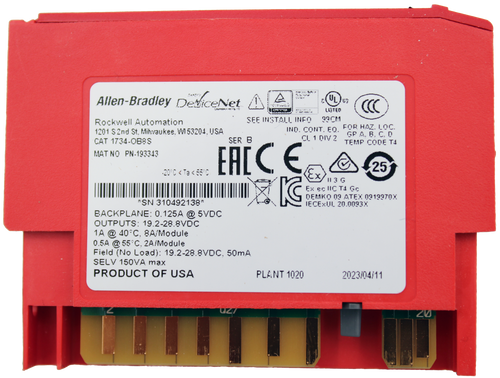 - 
 Allen-Bradley Device Net 
 EULJUS 
 LISTED 
 Rockwell Automation 
 SEE INSTALL INFO 
 99 CM 
 1201 S2nd St. Milwaukee, W1 53204, USA 
 IND. CONT. FO. FOR HAZ. LOC. 
 CAT 1734-OB8S 
 SER B 
 CL 1 DIV 2 
 GP A. B. C. D 
 ERCCE 
 TEMP CODE TA 
 MAT NO PN-193343 
 25 
 .20℃ < Ta < 55 ℃ 
 EX 
 11 3 G 
 Ex ec lIC Ta Gc 
 *SN 310492138* 
 DEMKO 09 ATEX 0919970X 
 IECEXUL 20.0093X 
 BACKPLANE: 0.125A @ 5VDC 
 OUTPUTS: 19.2-28.8VDC 
 1A @ 40℃. 8A/Module 
 0.5A @ 55℃. 2A/Module 
 Field (No Load): 19.2-28.8VDC. 50mA 
 SELV 150VA max 
 PRODUCT OF USA 
 PLANT 1020 
 2023/04/11 
 20