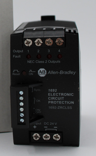 100773176 
 SRS Legacy # / CRef: 
 1692-ZRCLSS 
 CIRCUIT BREAKER CONTROL - ELECTRONIC PROTECTION 
 100773176 
 (ECP), 24V DC MODULE VOLTAGE, MODULE PROTECTION 
 AND CLASS 2, (4) NEC CLASS 2 CIRCUITS 
 Output 
 1 
 2 
 3 
 14 
 Faul 
 NEC Class 2 Outputs 
 Reset ON AB Allen-Bradley 
 Sync. 
 1692 
 ELECTRONIC 
 OK 
 CIRCUIT 
 PROTECTION 
 1692-ZRCLSS 
 TON 
 uput DC 24 V