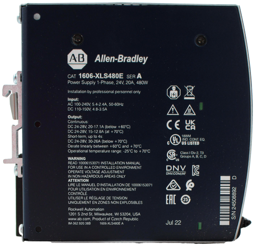 A.B 
 Allen-Bradley 
 CAT 1606-XLS480E SER A 
 Power Supply 1-Phase, 24V, 20A, 480W 
 Installation by professional personnel only 
 Input: 
 AC 100-240V, 5.4-2.4A, 50-60Hz 
 DC 110-150V, 4.8-3.5A 
 Output: 
 Continuous: 
 CE EA 
 DC 24-28V, 20-17.1A (below +60℃) 
 DC 24-28V, 15-12.8A (at +70℃) 
 Short-term, up to 4s: 
 UL 
 18WM 
 DC 24-28V, 30-26A (below +70℃) 
 IND. CONT. EQ 
 Derate linearly between + 60℃ and +70℃ 
 US LISTED 
 Operational temperature range: - 25℃ to +70℃ 
 SP 
 Class I Div 2, T3 
 WARNING 
 Groups A, B, C, D 
 US 
 READ 10006153071 INSTALLATION MANUAL 
 FOR USE IN A CONTROLLED ENVIRONMENT 
 DNV 
 KC 
 OPERATE VOLTAGE ADJUSTMENT 
 IN NON-HAZARDOUS AREAS ONLY 
 DNV.COM/AF 
 ATTENTION 
 D 
 LIRE LE MANUEL D'INSTALLATION DE 10006153071 
 POUR UTILISATION EN ENVIRONNEMENT 
 CONTRÔLÉ. 
 UTILISER LE RÉGLAGE DE TENSION 
 EAC 
 25 
 UNIQUEMENT EN ZONES NON EXPLOSIBLES 
 Rockwell Automation 
 1201 S 2nd St, Milwaukee, WI 53204, USA 
 www.ab.com, Product of Czech Republic 
 S/N 24508892 
 IM-362.920.38B 
 1606-XLS480E A 
 Jul 22