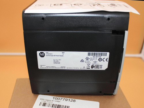 CAT 
 SER 
 AB 
 756-PA72 
 ControlLogix AC Power Supply 
 SN 304331232 
 OL us 
 FOR HAZ LOC 
 25 CE 
 0℃ < Ta < + 60°C 
 LISTED 
 SEE LABEL 
 UNDER DOOR 
 PARCO 
 FOR RATINGS 
 TEMP CODE TA 
 1756-PA72 C 
 Rockwell Automation, 1201 8 2nd St, Milwaukee, WI 63204, USA SEE MANUAL FOR INSTALL INFO ! 
 100779128 
 SRS Legacy # / CRef: 
 1756-PA72 
 100779128 
 PLC POWER SUPPLY - CONTROLLOGIX, 120VAC