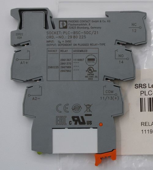 PHOENIX CONTACT GmbH & Co. KG 
 Flachsmarktstr. 8 
 NC 
 32825 Blomberg, Germany 
 O 
 12 
 231122 
 SOCKET: PLC-BSC-5DC/21 
 1139 
 ORD .- NO .: 29 80 225 
 INPUT: UN = 5VDC 
 OUTPUT: DEPENDENT ON PLUGGED RELAY-TYPE 
 SOCKET 
 RELAY 
 ASSEMBLED 
 NO 
 A1+ 
 2961367 
 1119897 
 2961370 
 --- 
 DNV.GL 
 14 
 2980225 
 --- 
 MARITIME 
 2967989 
 2967992 
 --- 
 UL 
 us 
 100785279 
 LISTED 
 IND.CONT. EQ. 
 3NX3 
 SRS Legacy # / CRef: 
 Y 
 COM 
 PLC-RSC- 5DC/21 
 A2- 
 11/13(+) 
 CEDEX 
 100785279 
 O 
 RELAY - TB SPDT, 5VDC, 6A, SCREW TERMINA 
 1119897