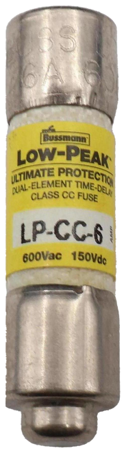 S 
 Bussmann' 
 LOW-PEAK 
 ULTIMATE PROTECTION 
 DUAL-ELEMENT TIME-DELAY 
 CLASS CC FUSE 
 LP-CC-6 | 
 600Vac 150Vdc