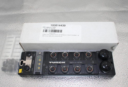 100814439 
 SRS Legacy # / CRef 
 TBEN-L4-16DXN 
 100814439 
 CMPCT MULTIPROTOCOL I/O MODULE FOR ETHERNET 16 
 DIG CHNL NPN OR 1A OUTPUTS 
 QUNAL 
 CO 
 X 
 ETH1 
 2 
 0 
 PWE 
 Ethernet 
 TURCK 
 TBEN-L4-16DXN 
 BUS 
 00 
 114 
 00 
 ERR 
 ETH2 
 X2 
 P2