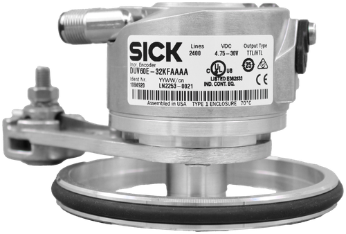 SICK 
 Lines 
 VDC 
 Output Type 
 2400 
 4.75-30V 
 TTL/HTL 
 25 
 Incr. Encoder 
 DUV60E -32KFAAAA 
 C 
 Us 
 Ident Nr 
 YYWW/cn 
 LISTED E362533 
 CE 
 1084920 
 LN2253-002 
 IND. CONT. EQ. 
 Assembled in USA TYPE 1 ENCLOSURE 70℃ 
 100814660 
 SRS Legacy # / CRef: 
 DUV60E-32KFAAAA 
 100814660 
 INCREMENTAL ENCODER