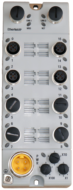LINK 1 
 LINK 2 
 EtherNet/IP 
 MOD 
 NET 
 0 
 15 
 1 
 14 
 13 
 - 
 3 
 12 
 11 
 5 
 10 
 6 
 9 
 7 
 8 
 0 
 , X10 
 P 
 8/ 
 R 
 0 
 0 
 1 
 6 
 4 
 X100 
 X1