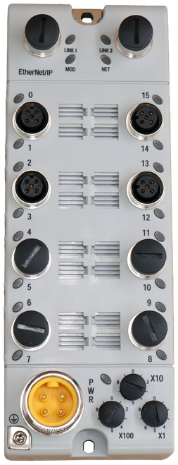 LINK 1 
 LINK 2 
 EtherNet/IP 
 MOD 
 NET 
 0 
 15 
 1 
 14 
 13 
 - 
 3 
 12 
 11 
 5 
 10 
 6 
 9 
 7 
 8 
 0 
 , X10 
 P 
 8/ 
 R 
 0 
 0 
 1 
 6 
 4 
 X100 
 X1