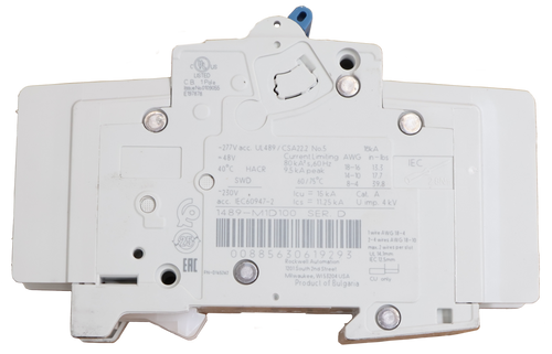 CYLJUS 
 LISTED 
 B. 1 Pole 
 Issue No.0109055 
 E197878 
 -277V acc. UL489 / CSA22.2 No.5 
 10KA 
 =48V 
 Current Limiting AWG in-Ibs 
 40℃ HACR 
 80 kA7 s, 60 Hz 
 9.5 kA peak 
 18-16 
 13.3 
 IEC 
 SWD 
 60/75℃ 
 14-10 
 17.7 
 8-4 
 39.8 
 2.8Nm 
 -230V 
 cu = 15 kA 
 Cat. A 
 acc. IEC60947-2 
 cs = 11.25 kA 
 U imp. 4 kV 
 1489-M1D 100 
 SER. D 
 1 wire AWG 18-4 
 2-4 wires AWG 18-10 
 max. 2 wires per slot 
 00885630619293 
 UL 14. 1mm 
 ERC 
 Rockwell Automation 
 IEC 12.5mm 
 1201 South 2nd Street 
 AN-D165262 
 Milwaukee, WI 53204 USA 
 CU only 
 Product of Bulgaria