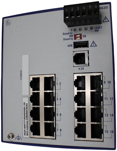 1 
 14 
 5 
 6 
 S20 
 N 
 - 
 P 
 FAULT 
 E 
 Stand by 
 RM 
 RM 
 Stand by 
 ON 
 USB 
 V.24 
 IP-ADDRESS 
 9 10 
 - 
 4 
 11 12 
 13 14 
 CO 
 RS20-1600T1T1SDAEHH09.1.00 
 MAC-Address:A0B0865C8DA0 
 15 16 
 11 )