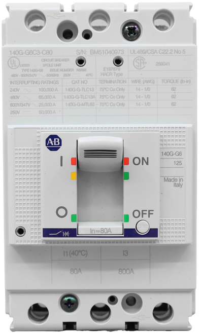 140G-G6C3-C80 
 S/N: BM51040973 |UL489/CSA C22.2 No 5 
 UL 
 CIRCUIT BREAKER 
 /LISTED 
 ' 3POLE UNIT 
 SP: 
 259041 
 TYPE 140G-G8 
 ISSUE NUMBER N5598 
 E197878 
 480V - 600Y/347V 
 50/60Hz 
 250V _ _ _ 40℃ 
 HACR Type 
 INTERRUPTING RATINGS 
 CAT NO 
 TERMINATION 
 WIRE (AWG) 
 TORQUE (Ib-in) 
 240V 
 100,000 A 
 140G-G-TLC13 
 75℃ Cu.Only 
 14 - 1/0 
 62 
 480V 
 65,000 A 
 140G-G-TLC13A 75ºC Cu Only 
 14 - 1/0 
 62 
 600Y/347V 
 25,000 A 
 140G-G-MTL63 75℃ Cu Only 
 14 - 1/0 
 62 
 250V 
 50,000 A 
 AB 
 140G-G6 
 ON 
 125 
 Made in 
 Italy 
 O 
 OFF 
 TEST 
 In=80A 
 .. 
 11 (40℃) 
 13 
 80A 
 800A