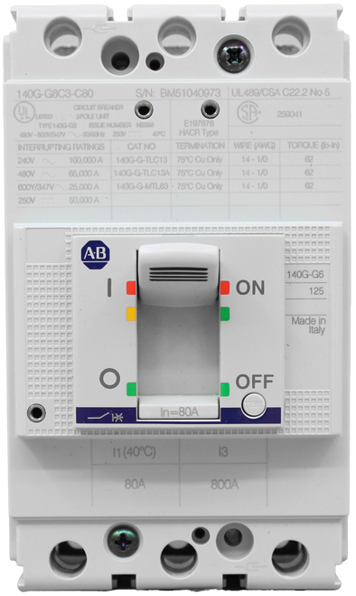 140G-G6C3-C80 
 S/N: BM51040973 |UL489/CSA C22.2 No 5 
 UL 
 CIRCUIT BREAKER 
 /LISTED 
 ' 3POLE UNIT 
 SP: 
 259041 
 TYPE 140G-G8 
 ISSUE NUMBER N5598 
 E197878 
 480V - 600Y/347V 
 50/60Hz 
 250V _ _ _ 40℃ 
 HACR Type 
 INTERRUPTING RATINGS 
 CAT NO 
 TERMINATION 
 WIRE (AWG) 
 TORQUE (Ib-in) 
 240V 
 100,000 A 
 140G-G-TLC13 
 75℃ Cu.Only 
 14 - 1/0 
 62 
 480V 
 65,000 A 
 140G-G-TLC13A 75ºC Cu Only 
 14 - 1/0 
 62 
 600Y/347V 
 25,000 A 
 140G-G-MTL63 75℃ Cu Only 
 14 - 1/0 
 62 
 250V 
 50,000 A 
 AB 
 140G-G6 
 ON 
 125 
 Made in 
 Italy 
 O 
 OFF 
 TEST 
 In=80A 
 .. 
 11 (40℃) 
 13 
 80A 
 800A