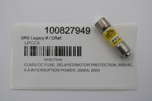 SRS Legacy # / CRef: 
 LPCC8 
 100827949 
 CLASS CC FUSE, DELAYED/MOTOR PROTECTION, 600VAC, 
 8 A INTERRUPTION POWER: 200KA, 600V 
 100827949 
 Bussmann 
 LOW-PEAK 
 ULTIMATE PROTECT 
 DUAL-ELEMENT TIME-DEJ 
 CLASS CC FUSE 
 LP-CC-8 
 600Vac 150Vór
