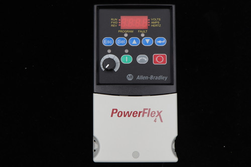 RUN 
 VOLTS 
 FWD 
 AMPS 
 REV . 
 HERTZ 
 PROGRAM 
 FAULT 
 Esc 
 Sel 
 O 
 AB 
 Allen-Bradley 
 PowerFlex