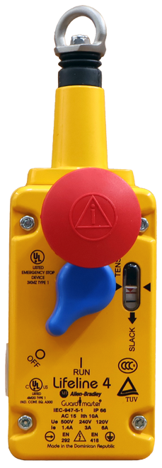 UL 
 LISTED 
 EMERGENCY STOP 
 TENS 
 3KMZ TYPE 
 SLACK 
 OFF 
 RUN 
 CLUS 
 Lifeline 4 
 LISTED 
 NI: Allen-Bradley 
 AM20 TYPE 1 
 ND. CONT. EQ. A300 
 Guardimaster 
 TUV 
 IEC-947-5-1 
 IP 66 
 AC 15 Ith 10A 
 Ue 500V 240V 120V 
 1.4A 
 3A 
 BA 
 EN 
 EN 
 92 /7 418 
 Made in the Dominican Republic