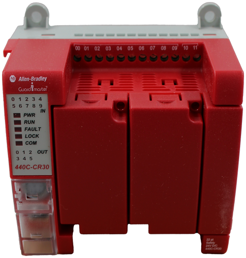 00 01 02 03 04 05 06 07 08 09 10 11 
 AB 
 Allen-Bradley 
 GuardImaster 
 01234 
 56789 
 PWR 
 IN 
 RUN 
 FAULT 
 LOCK 
 COM 
 0 12 OUT 
 345 
 440C-CR30 
 22 pt 
 Safety 
 24V D/C 
 440C-CR30