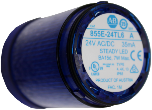 AB 
 25 
 CAT 
 855E-24TL6 
 SER 
 A 
 24V AC/DC 
 35mA 
 STEADY LED 
 CE 
 BA15d, 7W Max. 
 eCUL 
 IND. CONT. BO. TYPE 
 US 
 7R56 
 4, 4X, 13 
 LISTED 
 IP65 
 PRODUCT OF AUSTRIA 
 FAC. 1M