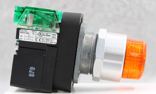 CAT. NO. 
 SER 
 D 
 IND. CONT. EO. A6 
 800TC-XA2 
 C(UL 
 A600 
 US LISTED 
 Q600 
 NO 3-1 
 NO 
 3 
 CE TEC. 60947-5-1 
 AC15, DC13, 600V ~ 
 SF9 
 100846510 
 SRS Legacy # / CRef: 
 800TC-QBH2AA2 
 100846510 
 PUSHBUTTON, ILLUM, EXTENDED HEAD, LED, 
 12-120VAC/DC, 2NO, AMBER