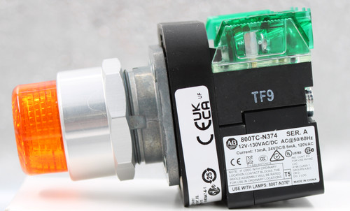 TF9 
 AB 
 800TC-N374 
 SER. A 
 12V-130VAC/DC AC@50/60Hz 
 Current: 13mA, 24VDC/8.5mA, 120VAC 
 CE K CCCCUL LISTED SPG 
 R-R-RAA-800TCN374 
 FOR USE IN HAZ 
 INARY 
 TE: IF USED WITH ORDINATE 
 ACT BLOCKS, THE 
 NOCATION CONTACT FLERATED 
 A196 CLASS 1 
 LOCATION SEMBLY WILL BE RA 
 WHOLE ASSEMBLYDVLOCATIONS. 
 T5 
 GROUPS 
 OR D 
 25 
 FOR USE IN ORDINARY 
 USE WITH LAMPS: 800T-N376* | MADE IN CHINA 
 NT. EQ. 
 EN60947 -5-1 
 100846510 
 SRS Legacy # / CRef: 
 800TC-QBH2AA2 
 100846510 
 PUSHBUTTON, ILLUM, EXTENDED HEAD, LED, 
 12-120VAC/DC, 2NO, AMBER